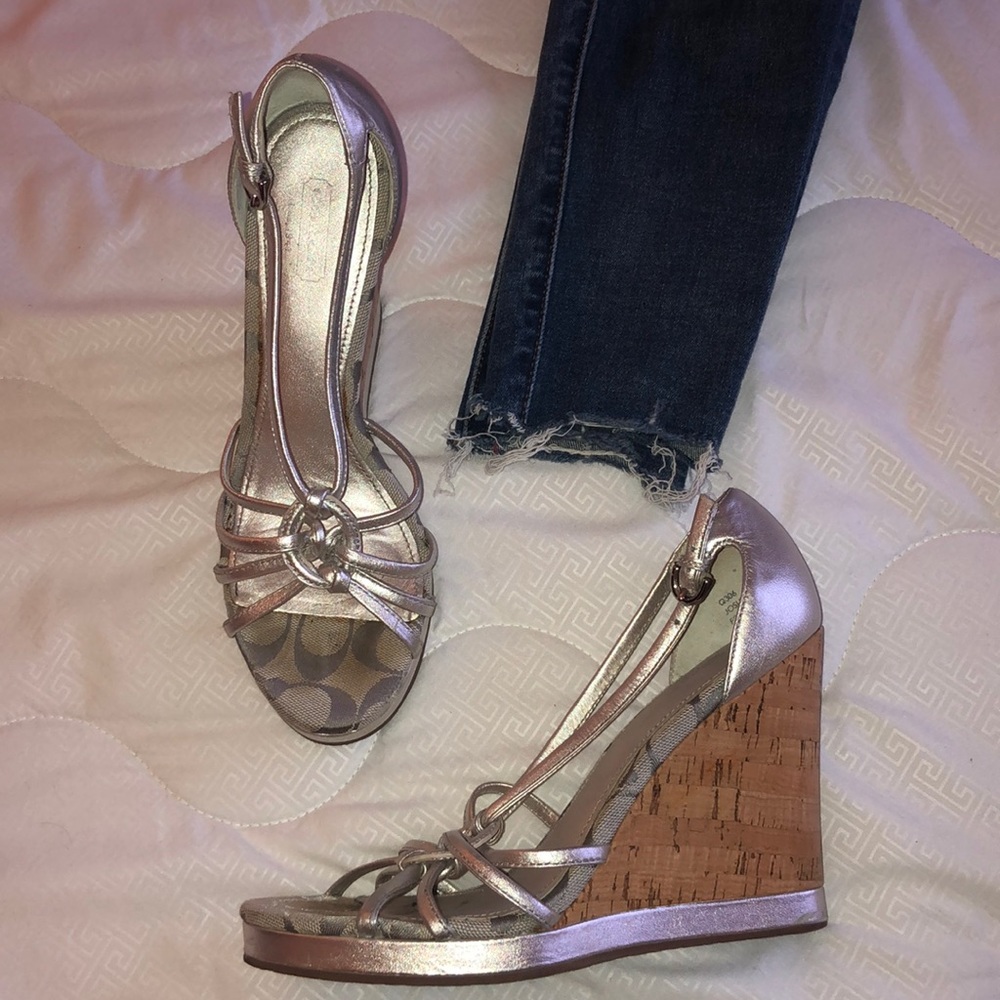 Classic Coach silver beach wedge with 4” cork heel